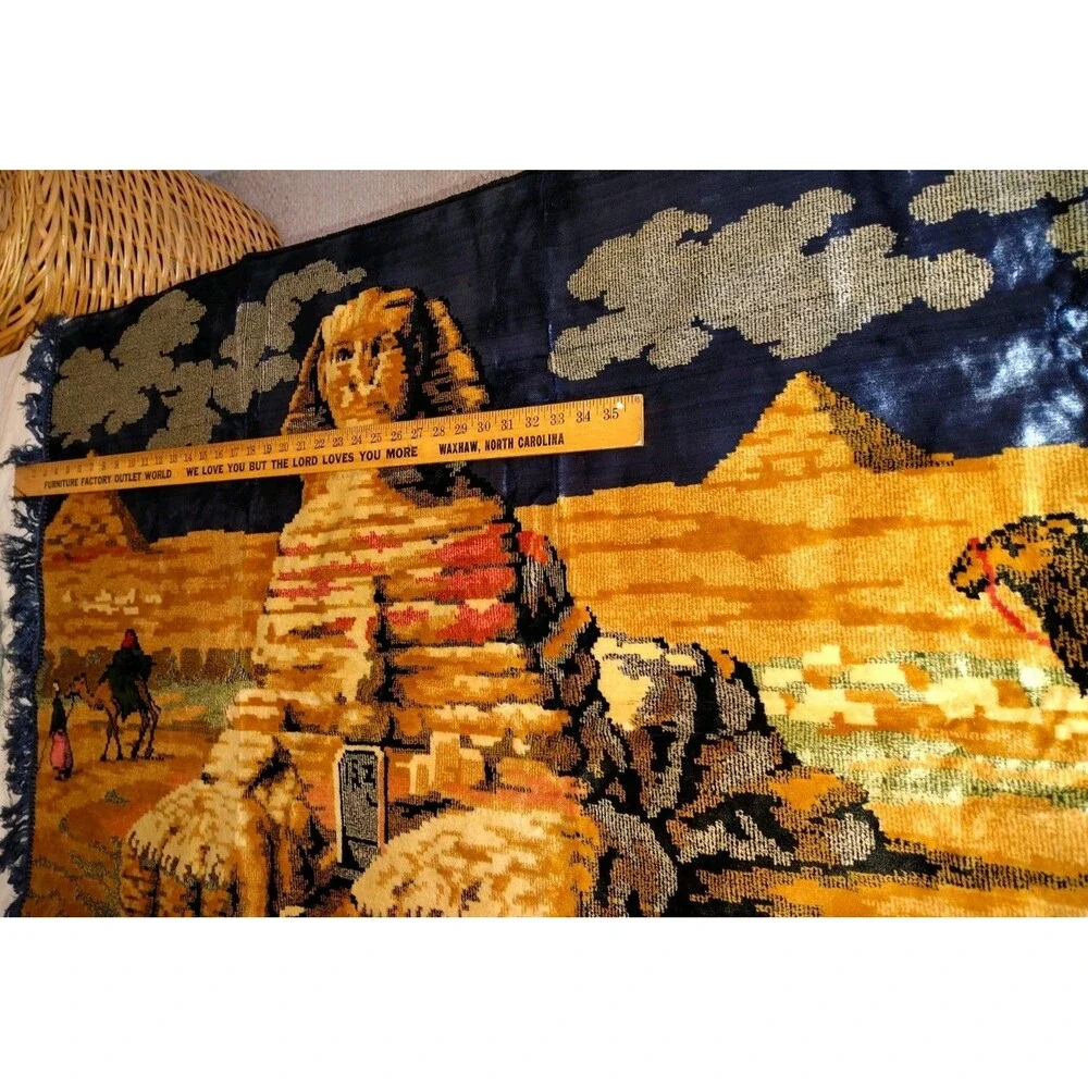 ​Vintage Large Velvet Egyptian Tapestry 59x39, Mid Century Sphinx Pyramids Camel
